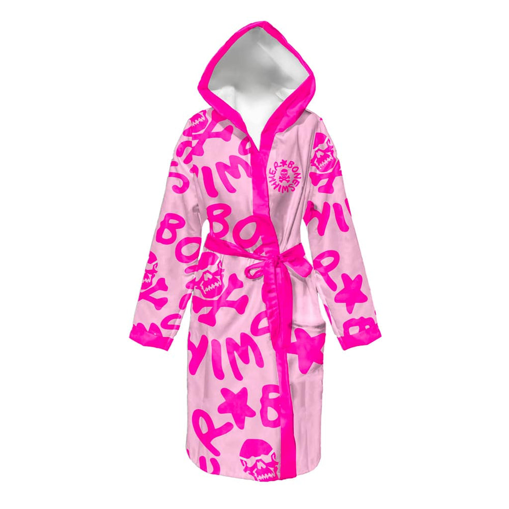 Accappatoio grande in microfibra sottile, modello Boneswimmer 22acf, con stampa del logo in fucsia su fondo rosa chiaro, fronte