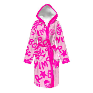 Accappatoio grande in microfibra sottile, modello Boneswimmer 22acf, con stampa del logo in fucsia su fondo rosa chiaro, fronte