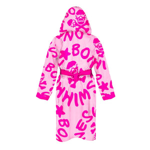 Accappatoio grande in microfibra sottile, modello Boneswimmer 22acf, con stampa del logo in fucsia su fondo rosa chiaro, retro