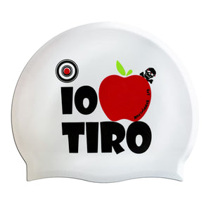Cuffia da piscina in silicone spessorato, modello IO MELA TIRO Boneswimmer con base colore bianco e grafica con una scritta simpatica