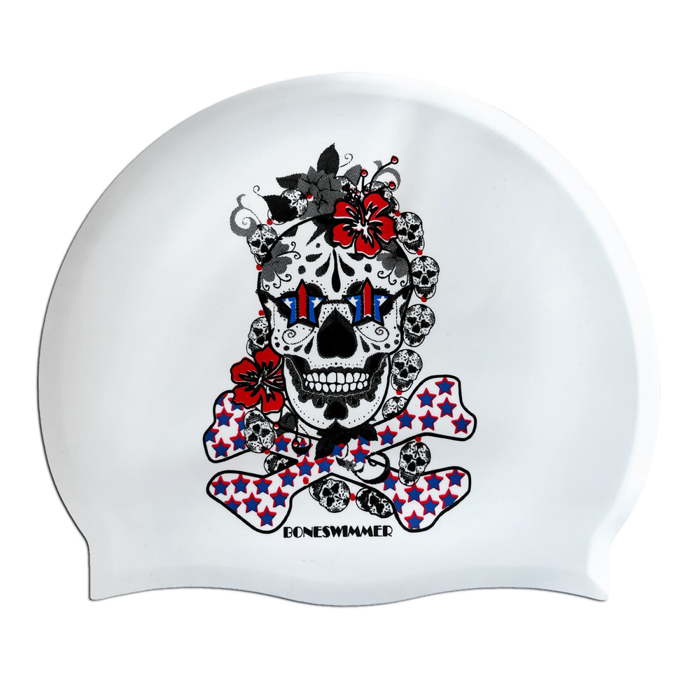 Cuffia da piscina in silicone spessorato, modello MEXICAN BOY Boneswimmer con base colore bianco e grafica con un teschio mexican style decorato