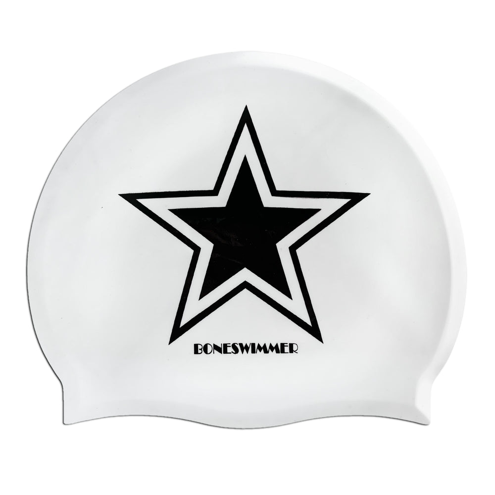 Cuffia da piscina in silicone spessorato, modello MEXICAN BOY Boneswimmer con base colore bianco e grafica con uno stellone nero