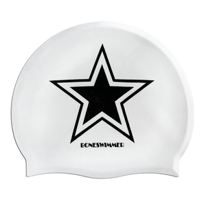 Cuffia da piscina in silicone spessorato, modello MEXICAN BOY Boneswimmer con base colore bianco e grafica con uno stellone nero