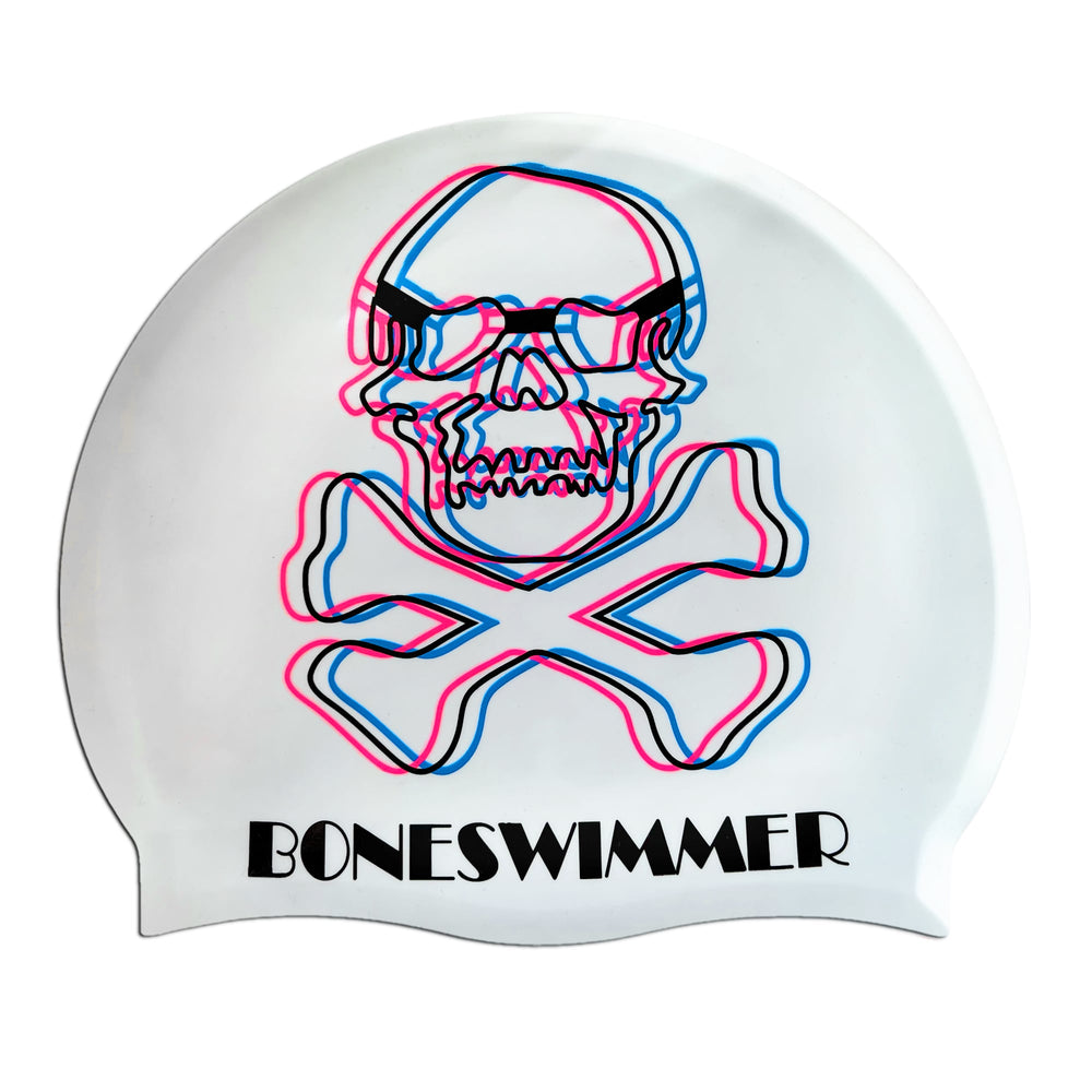 Cuffia da piscina in silicone spessorato, modello TESCHIO 3D Boneswimmer con base colore bianco e grafica con i contorni di un teschio sfalsati come in 3d