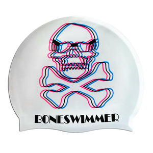Cuffia da piscina in silicone spessorato, modello TESCHIO 3D Boneswimmer con base colore bianco e grafica con i contorni di un teschio sfalsati come in 3d