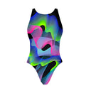 Costume Boneswimmer intero da bambina per l'allenamento in piscina, modello PINUP 506PF WAVES con una trama striata con colori fiammanti; vista frontale