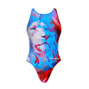 Costume intero da bambina per l'allenamento in piscina, modello Boneswimmer PINUP 510P KING con un maestoso leone in sfumature di blu e rosso; vista frontale