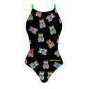 Costume Boneswimmer intero da donna per l'allenamento in piscina, modello IBIZA ABIBÒ con illustrazione di orsetti gommosi in versione fluo su sfondo nero; vista frontale