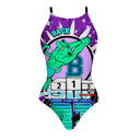 Costume Boneswimmer intero da donna per l'allenamento in piscina, modello IBIZA BACK con una trigre  che si tuffa a dorso ed elementi da piscina; vista frontale