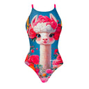 Costume Boneswimmer intero da donna per l'allenamento in piscina, modello IBIZA BIANCA con un lama in stile cartoon circondato di rose; vista frontale