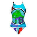 Costume Boneswimmer intero da donna per l'allenamento in piscina, modello IBIZA BREAST con una rana muscolosa con elementi grafici da piscina; vista frontale