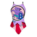 Costume Boneswimmer intero da donna per l'allenamento in piscina, modello IBIZA FLY con un delfino agguerrito che si tuffa; vista frontale