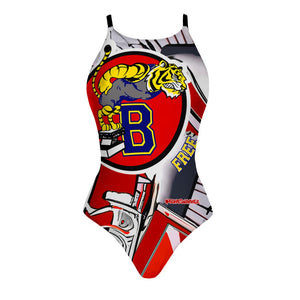 Costume Boneswimmer intero da donna per l'allenamento in piscina, modello IBIZA FREE con una trigre che si tuffa da un trampolino di nuoto; vista frontale