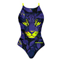 Costume Boneswimmer intero da donna per l'allenamento in piscina, modello IBIZA GLOW con un giagurao in ambientazione notturna tra le foglie e segni fluo sul muso; vista frontale