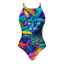 Costume Boneswimmer intero da donna per l'allenamento in piscina, modello IBIZA MARGÔ con un gatto sphinx circondato di pesci che nuotano; vista frontale