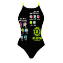 Costume Boneswimmer intero da donna per l'allenamento in piscina, modello IBIZA MONSTER con un serie di iconcine di mostriciattoli-teschio su sfondo nero; vista frontale