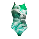 Costume da bagno intero donna Boneswimmer IBIZA SLEEPY, con un koala che dorme tra nuvole bianche e verdi; vista frontale; lato frontale