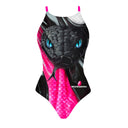 Costume Boneswimmer intero da donna per l'allenamento in piscina, modello IBIZA  SNAKE con un serpente nero e fluo dallo sguardo magnetico; vista frontale