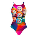 Costume Boneswimmer intero da donna per l'allenamento in piscina, modello IBIZA SUSHI con personaggi sushi kawaii; vista frontale