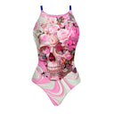 Costume Boneswimmer intero da donna per l'allenamento in piscina, modello IBIZA TESCHIO ROSA con un teschio tra le rose; vista frontale