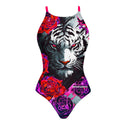 Costume Boneswimmer intero da donna per l'allenamento in piscina, modello IBIZA TIGROSA con una testa di tigre tra le rose; vista frontale