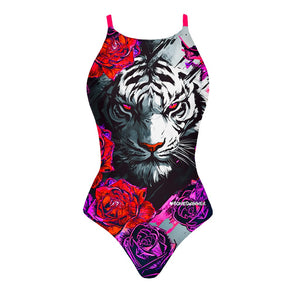 Costume Boneswimmer intero da donna per l'allenamento in piscina, modello IBIZA TIGROSA con una testa di tigre tra le rose; vista frontale