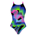 Costume da bagno intero donna Boneswimmer IBIZA WAVES, grafica con onde e curve geometriche colorate su sfondo nero come aurora boreale; lato frontale