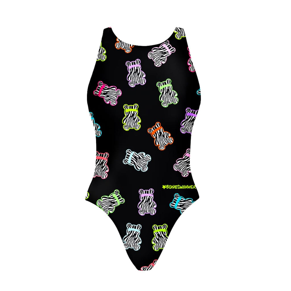 Costume Boneswimmer intero da donna per l'allenamento in piscina, modello PINUP ABIBÒ con illustrazione di orsetti gommosi in versione fluo su sfondo nero; vista frontale