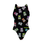 Costume Boneswimmer intero da donna per l'allenamento in piscina, modello PINUP ABIBÒ con illustrazione di orsetti gommosi in versione fluo su sfondo nero; vista frontale