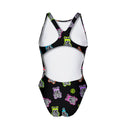 Costume Boneswimmer intero da donna per l'allenamento in piscina, modello PINUP ABIBÒ con illustrazione degli orsetti gommosi in versione fluo su sfondo nero; vista del retro