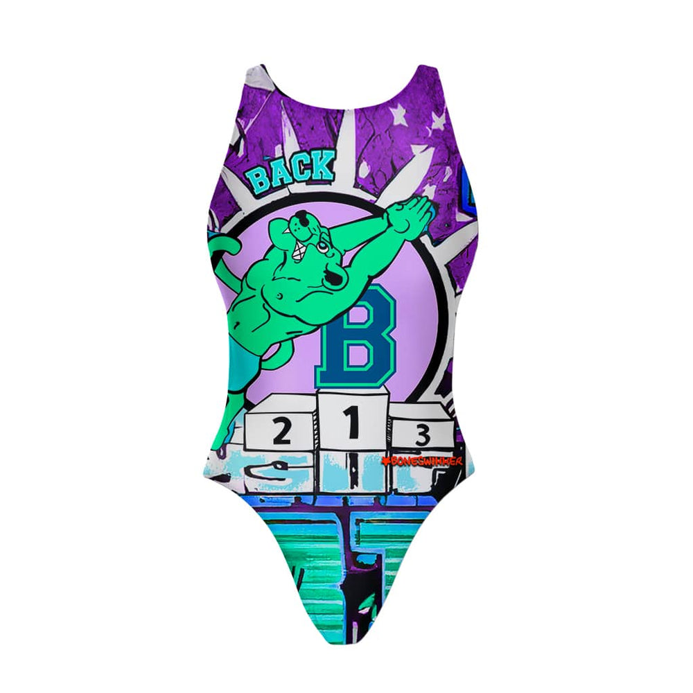 Costume Boneswimmer intero da donna per l'allenamento in piscina, modello PINUP BACK con una trigre  che si tuffa a dorso ed elementi da piscina; vista frontale