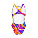 Costume Boneswimmer intero da donna per l'allenamento in piscina, modello PINUP BENISSIMO; vista posteriore con strisce di colore
