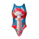 Costume Boneswimmer intero da donna per l'allenamento in piscina, modello PINUP BIANCA con un lama in stile cartoon circondato di rose; vista frontale