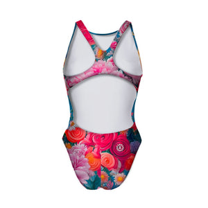 Costume Boneswimmer intero da donna per l'allenamento in piscina, modello PINUP BIANCA; vista del retro