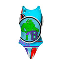 Costume Boneswimmer intero da donna per l'allenamento in piscina, modello PINUP BREAST con una rana muscolosa con elementi grafici da piscina; vista frontale