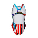 Costume Boneswimmer intero da donna per l'allenamento in piscina, modello PINUP BREAST con una rana muscolosa con elementi grafici da piscina; vista retro