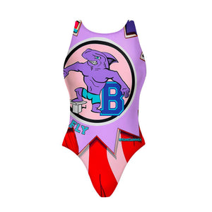 Costume Boneswimmer intero da donna per l'allenamento in piscina, modello PINUP FLY con un delfino agguerrito che si tuffa; vista frontale