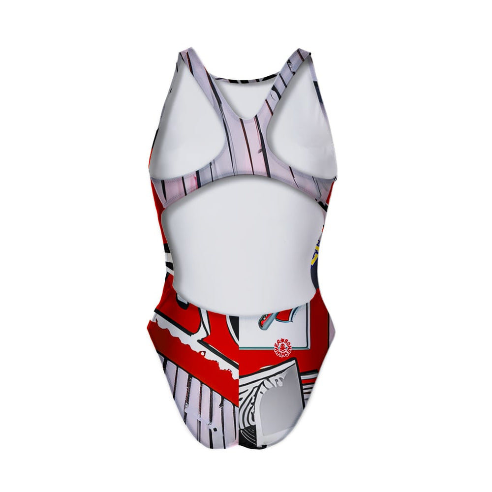 Retro del costume Boneswimmer intero PINUP FREE con elementi grafici rossi, grigi e bianchi