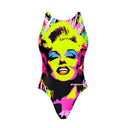 Costume Boneswimmer intero da donna per l'allenamento in piscina, modello PINUP ICONA con una versione fluo di Marilyn; vista frontale