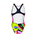 Costume Boneswimmer intero da donna per l'allenamento in piscina, modello PINUP ICONA con una versione fluo di Marilyn; vista posteriore