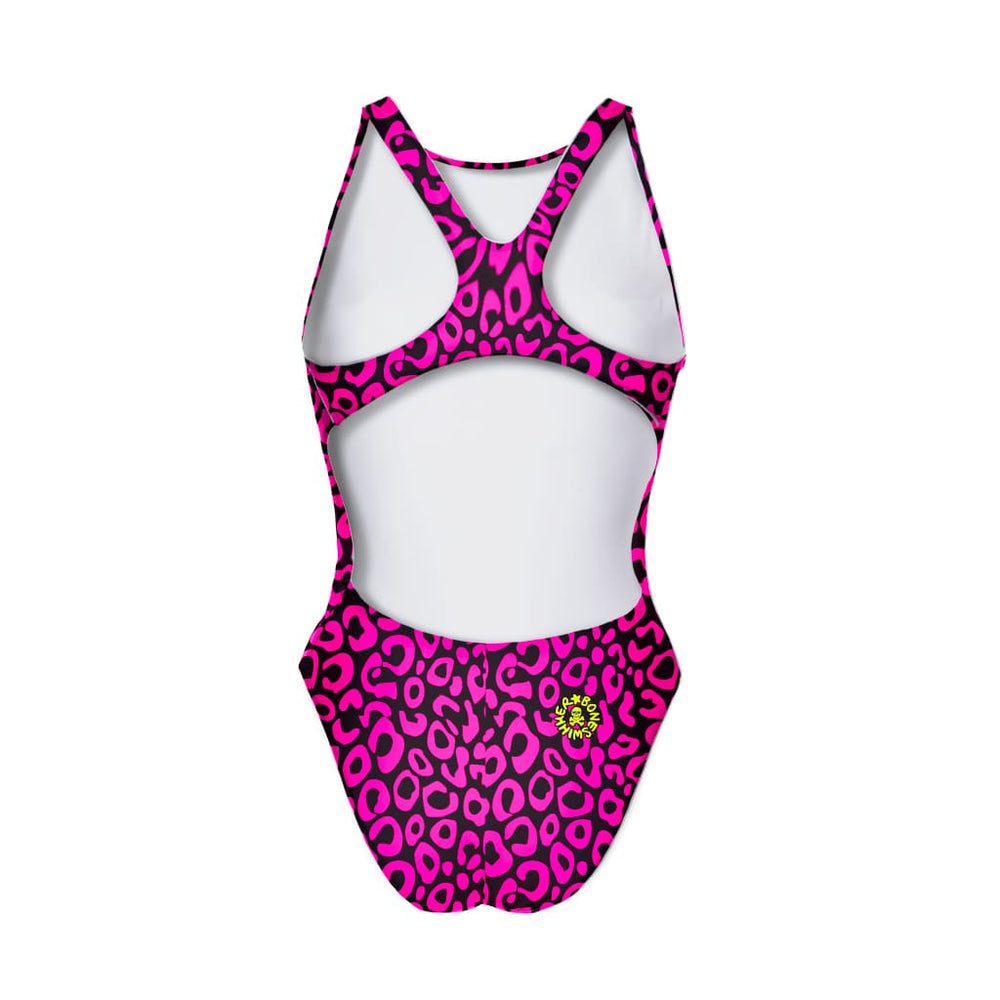 Costume Boneswimmer intero da donna per l'allenamento in piscina, modello PINUP MACULATO con una mano di scheletro che fa un gesto irriverente; vista retro