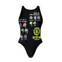 Costume Boneswimmer intero da donna per l'allenamento in piscina, modello PINUP MONSTER con un serie di iconcine di mostriciattoli-teschio su sfondo nero; vista frontale