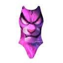 Costume Boneswimmer intero da donna per l'allenamento in piscina, modello PINUP PINKY con una tigre cartoon rosa; vista frontale