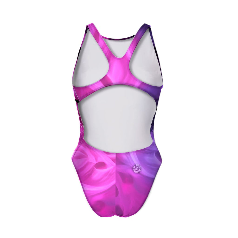 Costume Boneswimmer intero da donna per l'allenamento in piscina, modello PINUP PINKY con una tigre cartoon rosa; vista posteriore
