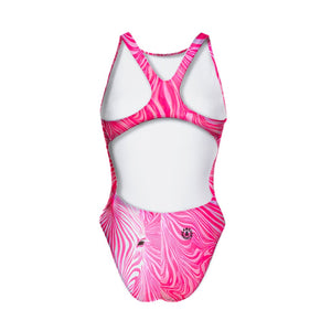 Costume Boneswimmer intero da donna per l'allenamento in piscina, modello PINUP Rosè con la testa di una zebra bianca e rosa che spunta in 3d dal fondo; vista posteriore