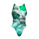 Costume Boneswimmer intero da donna per l'allenamento in piscina, modello PINUP SLEEPY con un koala che dorme tra nuvole bianche e verdi; vista frontale