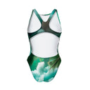Costume Boneswimmer intero da donna per l'allenamento in piscina, modello PINUP SLEEPY con un koala che dorme tra nuvole bianche e verdi; vista posteriore