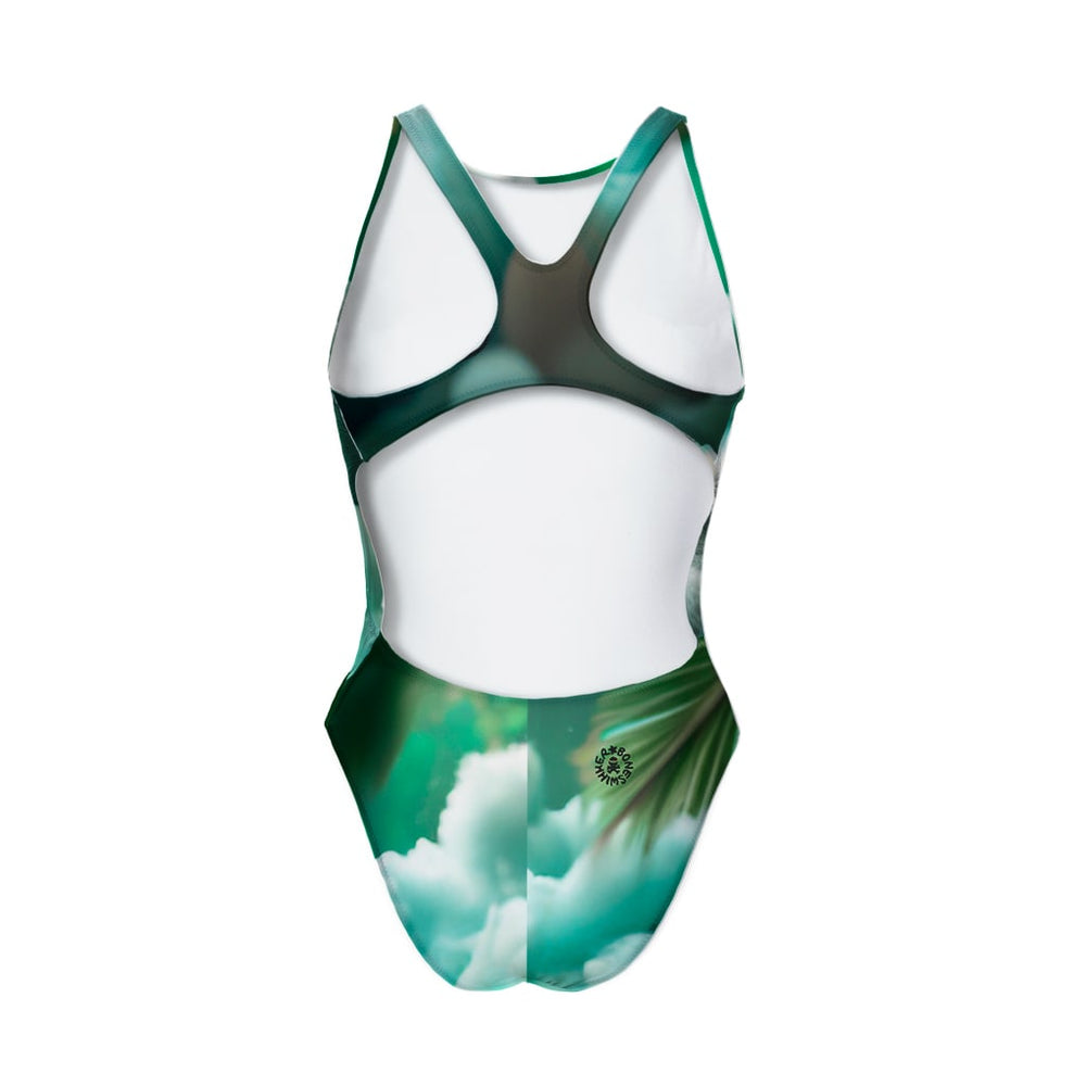 Costume Boneswimmer intero da donna per l'allenamento in piscina, modello PINUP SLEEPY con un koala che dorme tra nuvole bianche e verdi; vista posteriore
