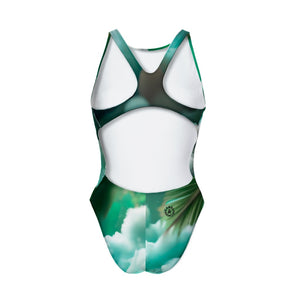 Costume Boneswimmer intero da donna per l'allenamento in piscina, modello PINUP SLEEPY con un koala che dorme tra nuvole bianche e verdi; vista posteriore