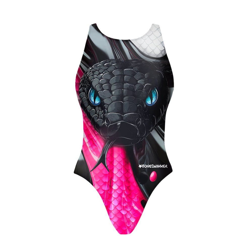 Costume Boneswimmer intero da donna per l'allenamento in piscina, modello PINUP SNAKE con un serpente nero e fluo dallo sguardo magnetico; vista frontale
